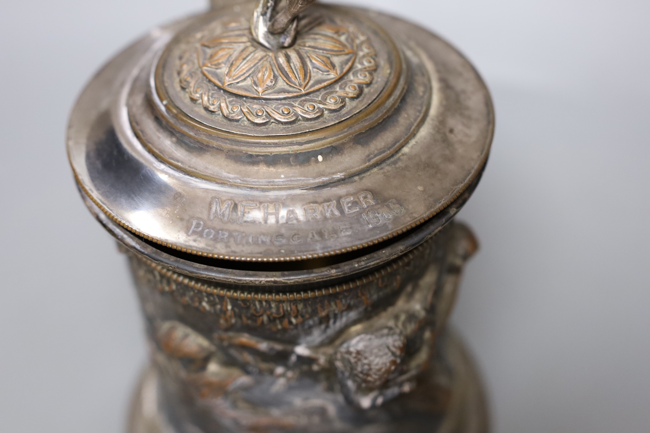 A Victorian silver plated biscuit barrel, engraved name to lid, 26cm